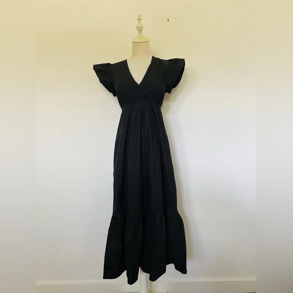 Cynthia Rowley Black Maxi Dress with Ruffled Sleeves Pockets 100% cotton Large